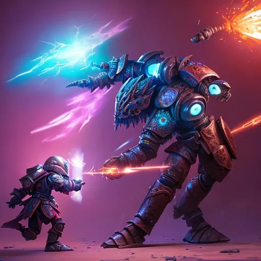 Prompt: Dark Knight with purple light cracking through the helmet battling another knight with tremendous powers, in a Blackstone fortress