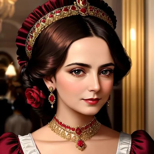 Prompt: Wealthy, stylish lady of the Victorian era, wearing ruby and gold jewelry, wearing ,facial closeup