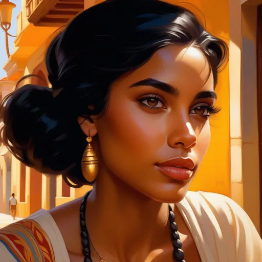 Prompt: Third person, gameplay, Cuban girl, tan skin, black hair, hazel eyes, Havana, golden atmosphere, cartoony style, extremely detailed painting by Greg Rutkowski and by Henry Justice Ford and by Steve Henderson 