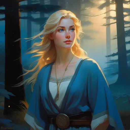 Prompt: Third person, gameplay, ancient Germanic girl, pale skin, freckles, blonde hair, blue eyes, forest at night, fog, blue atmosphere, cartoony style, extremely detailed painting by Greg Rutkowski and by Henry Justice Ford and by Steve Henderson 