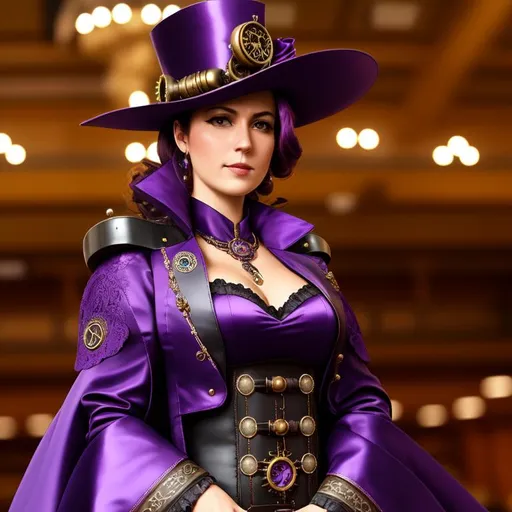 Prompt: Steampunk parliament member, low ambience light, hd, high quality, purple satin, leather, ((eerie lighting))