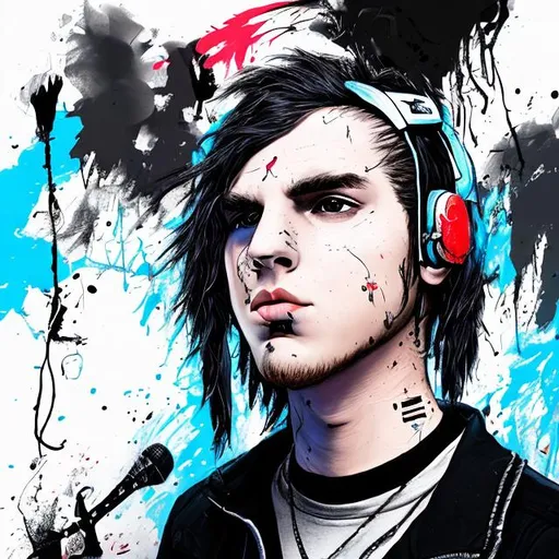 Prompt: 25 year old white Young music creator, tough, headphones, painted, long black  emo hair style, album cover, futureistic art,  microphone.