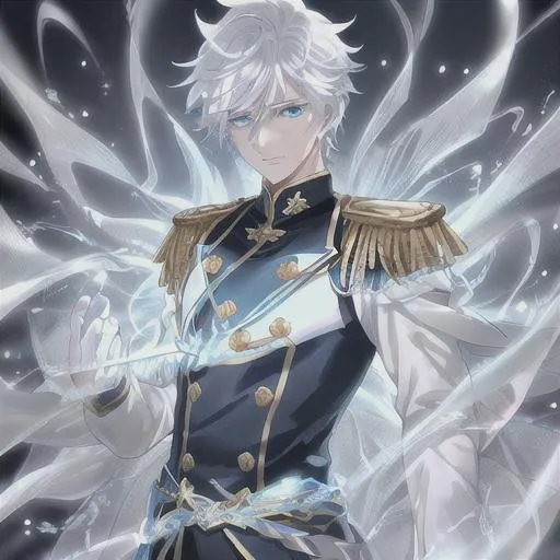 Prompt: Handsome male, extremely detailed cyan sparkling eyes, wind emanating from his hands, a young anime man with white hair, detailed cyan eyes, an optimistic expression, wearing a white captain's uniform with golden chains, wind and ice coming from his hands, fantasy, clear sparkling cyan glowing eyes, cyan eyes, intricately detailed eyes, short white hair, intricate, highly-detailed, large landscape, mechanics, dramatic lighting, gorgeous face, lifelike, stunning, anime young man face, white luxurious hair with a fringe haircut, digital painting, large, artstation, illustration, concept art, smooth, sharp focus, highly detailed painting, looking and smiling at viewer, full body, photography, detailed skin, realistic, photo-realistic, 8k, highly detailed, full length frame, High detail, showing full body, full body art 