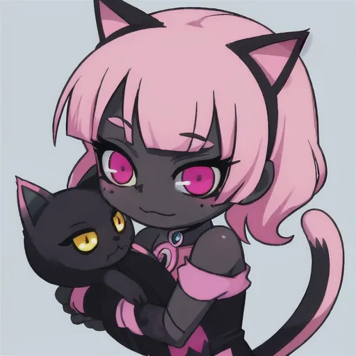 Prompt: Monster high, Catty Noir, black skin, pink hair, pink eyes, werecat, cat ears