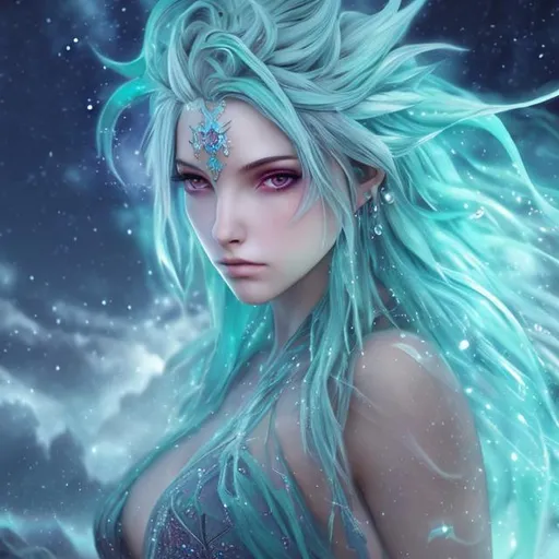 Prompt: Terra, final fantasy, magical, teal hair, ultra detailed artistic photography, ice, midnight aura, full-body, night sky, detailed gorgeous face, dreamy, glowing, glamour, glimmer, shadows, smooth, ultra high definition