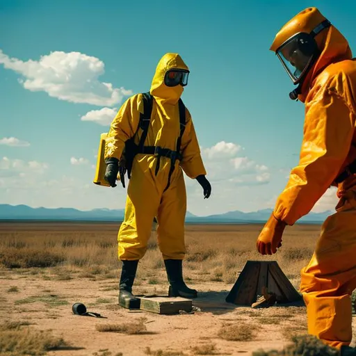Prompt: Guy in a hazmat suit, Nuclear wasteland, Building shelter with resources, high-res