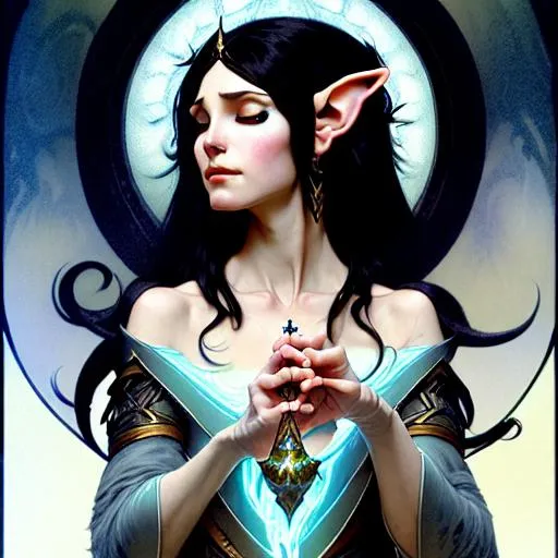 Prompt: portrait of a female mage elf with black  hair casting a sacred ice  spell, d & d, fantasy, intricate, elegant, highly detailed, digital painting, artstation, concept art, matte, sharp focus, illustration, art by greg rutkowski and alphonse mucha, 