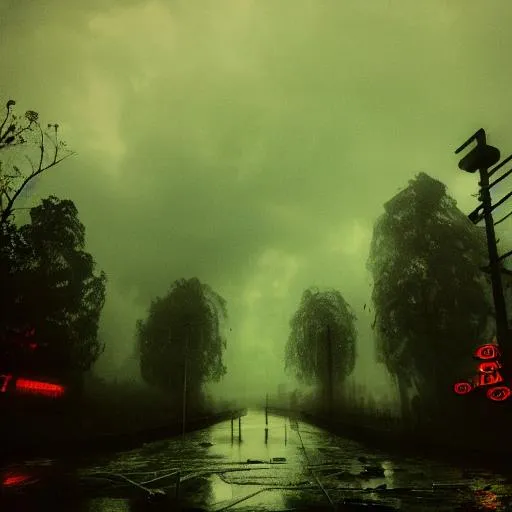 Prompt: sorrow, dystopian, rain, trees, ruin, landscape, storm, neon ambiance, crowds, post-apocalyptic, light, waiting