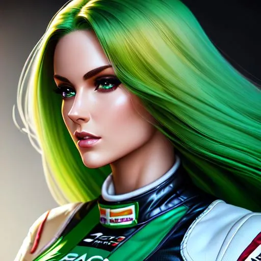 Prompt: half body, realistic detailed image of a female racecar driver, skin tight bodysuit,  perfect body, toned muscles, beautiful face, feminine features, green hair, pale skin, full body, highly detailed, digital painting, HD quality, 8k, studio lighting, hyper realistic