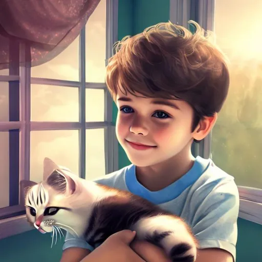 Prompt: the boy with cute kitty he is in the window sunny sky
