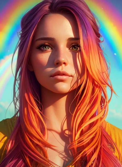 Prompt: Portrait of {beautiful woman} with {sunset} hair and with cute face, {in front of a rainbow background}, perfect composition, hyperrealistic, super detailed, 8k, high quality, trending art, trending on artstation, sharp focus, studio photo, intricate details, highly detailed, by greg rutkowski