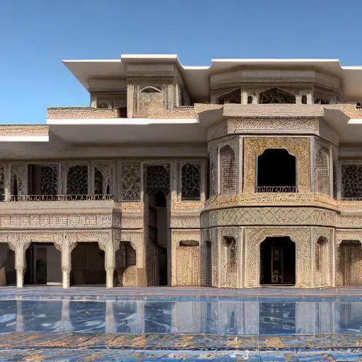 Prompt: Modern persian Islamic inspired Congolese architecture with precolonial congolese art inspiration and Congolese minerals, volumetric natural light, ultra realistic, vray,  hd