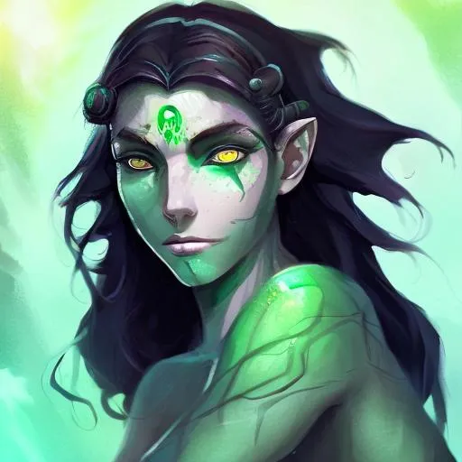 Prompt: Female earth genasi druid, black hair, pale skin, glowing eyes, green tattoos
