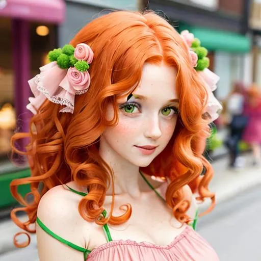 Prompt: Woman with  long, very curly ginger hair, green eyes, wearing a pink head dressing

