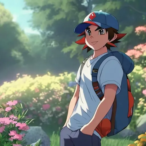 Prompt: Ash Ketchum as a 21 year old young man looking at a beautiful nature scene with beautiful flowers around and a peaceful atmosphere. Photorealistic. Detailed. 