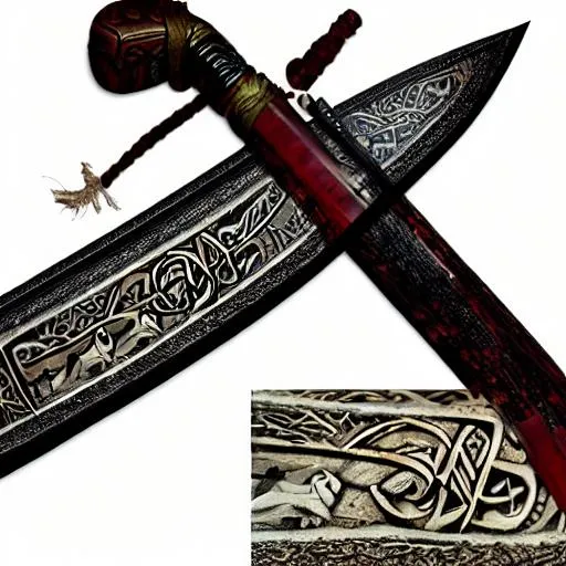 Prompt: a long sword  with a cloth handle and an axe head at the end of the blade and runic carvings on the gleaming blade  photo realistic  