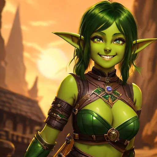 Prompt: oil painting, D&D fantasy, green-skinned-goblin girl, green-skinned-female, small, beautiful, short bright brown hair, wavy hair, smiling, pointed ears, fangs, looking at the viewer, cleric wearing intricate adventurer outfit, #3238, UHD, hd , 8k eyes, detailed face, big anime dreamy eyes, 8k eyes, intricate details, insanely detailed, masterpiece, cinematic lighting, 8k, complementary colors, golden ratio, octane render, volumetric lighting, unreal 5, artwork, concept art, cover, top model, light on hair colorful glamourous hyperdetailed medieval city background, intricate hyperdetailed breathtaking colorful glamorous scenic view landscape, ultra-fine details, hyper-focused, deep colors, dramatic lighting, ambient lighting god rays, flowers, garden | by sakimi chan, artgerm, wlop, pixiv, tumblr, instagram, deviantart