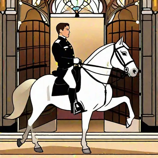 Prompt: Caleb  as a police officer (brown hair) (brown eyes) wearing a tuxedo, full body, ((riding a horse, pulling back on the reins, making the horse stand on its hind legs rearing up)) two large doors directly behind him, center, front-facing, stopping a wedding, objecting, still image, standing in the altar room