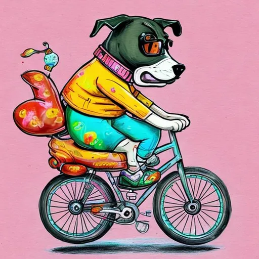 Prompt: Dog on bike, drawing style, colourful, goofy