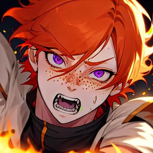 Prompt: Erikku male adult (short ginger hair, freckles, right eye blue left eye purple) UHD, 8K, Highly detailed, insane detail, best quality, high quality, fighting