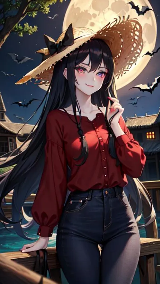 Prompt: {{{{{beautiful detailed eyes}}}}}, {gorgeous face}, {nighttime, moon, bats}, {{{{{Vampire, smile}}}}}, {black silky hair}, {pale skin, SLUT}, {jeans, straw hat, red shirt}, {haunted, abandoned mansion}, {old, dusty mansion}, {inside}, {{{masterpiece}}}, {{{best quality}}}, {{{ultra-detailed}}}, {illustration}, {64k}, {professional art}