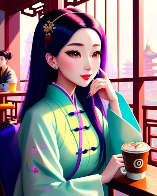 Prompt: Cute Pixar style painting of a beautiful woman, pale,  sitting at a cafe, ancient Chinese clothes, apocalypse, coffee, latte, dirty, trash, pastel color palette, vaporwave