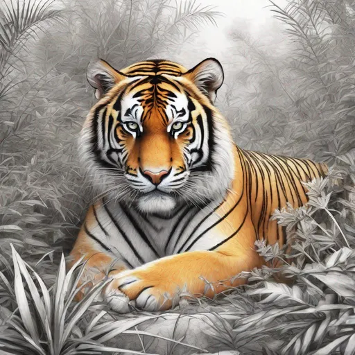 Prompt: a drawing of [a beautiful tiger   : 1.5] crouching down among  [shrubs  : 0.3] , [background :0.10], clear sharp contours , mute colors palette, graphite , by Christian Riese Lassen, high contrast, centered, perspective, 8k, HQ, UHD, insanely detailed, hyper realistic, trending on cgsociet 