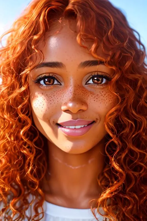 Prompt: Portrait of Ginger light brown-skinned frecked woman, freckles, turned up small nose, long wavy ginger wet hair, delicate lips, cute face, pure, sweet smile ((white open shirt)), ((shy)), sun from behind, sun on hair, 40 years old, thin, mature beauty, Ultra high definition, stylized picture, highly detailed, intricated, 8K, filigree 