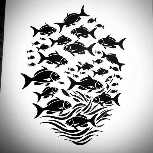 Prompt: a black and white tattoo of a school of fish. play with the shape of the fish