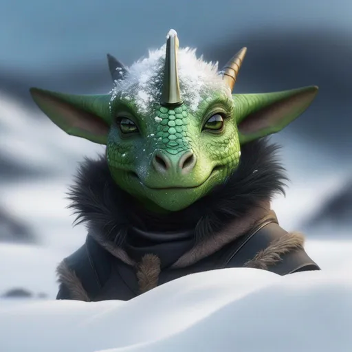 Prompt: A face shot of a beautiful green and black todler Dragonborn with no hair, in a snowy tundra, perfect composition, hyperrealistic, super detailed, 8k, high quality, trending art, trending on artstation, sharp focus, studio photo, intricate details, highly detailed, by Greg Rutkowski, illustration, watercolor