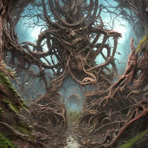 Prompt: biomechanical horror landscape, madness, horror style. over detailed, hyperrealism. Art by Ed Repka and Dan Seagrave