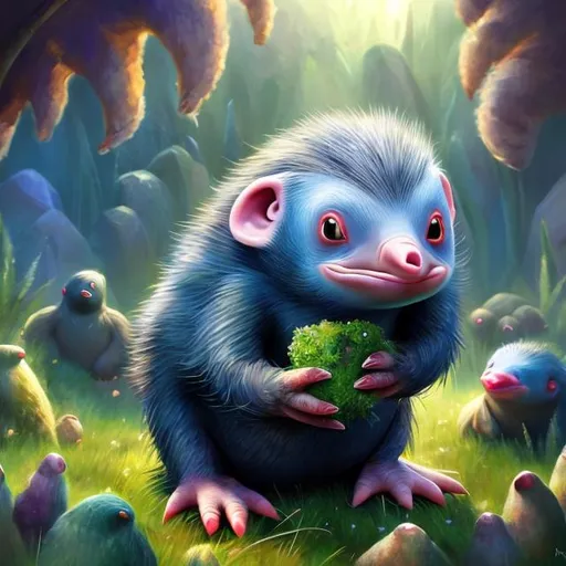 Prompt: Niffler in a field, digital painting, lush greenery, magical atmosphere, high quality, detailed fur, whimsical, vibrant colors, magical lighting