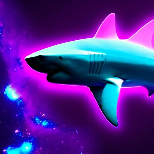 Prompt: shark shaped outline with a nebula inside, purple neon lighting, ambient, black water background