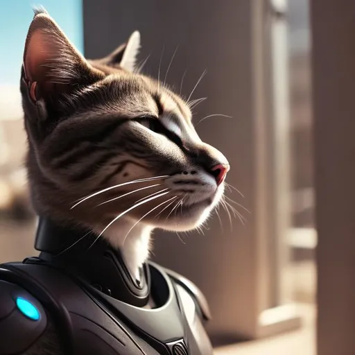 Prompt: photograph of a super realistic cat fursona, anthropomorphic, full body, sci fi, high tech armor, uhd, high detail