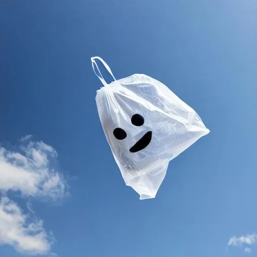 Prompt: a plastic  bag that is alone and sad in sky