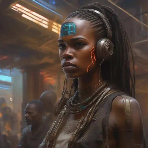 Prompt: African cyberpunk futuristic cyborg battle orientalist portrait by john william waterhouse and james gurney and theodore ralli and nasreddine dinet, oil on canvas. cinematic, hyper realism, realistic proportions, dramatic lighting, high detail 4 k