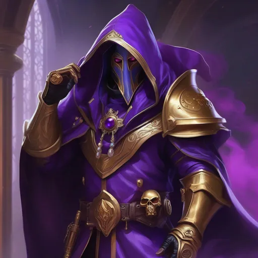Prompt: A male genestealer hooded cult leader, full face golden mask, cloack made of purple smoke(((handsome))), Perfect Arms, cast purple smoke, Skimpy Outfit, Cleavage Window, Purple Robes, golden Jewelry, warhammer 40000.