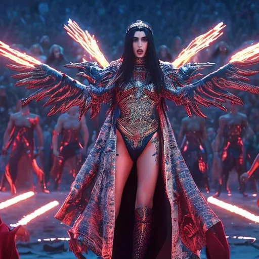 Prompt: UHD dua lipa as satanic priestess during Super Bowl half time show with throngs of hooded acolytes worshipping her as she flies