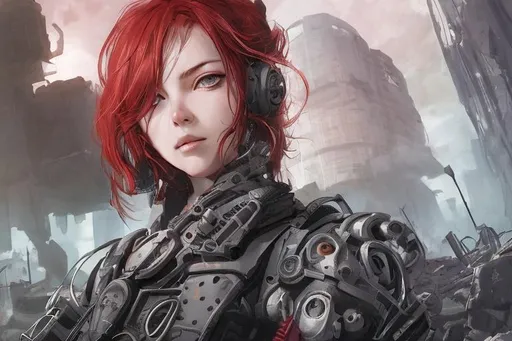 Prompt: female cyborg in ruins underground, post-apocalyptic, Ilya Kuvshinov, red hair, long wavy hair, grey eyes, metal body, curvy,  detailed face, 4k, high fidelity