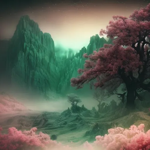 Prompt: Persephone concept landscape in vintage with a foggy vibe makes it black green
