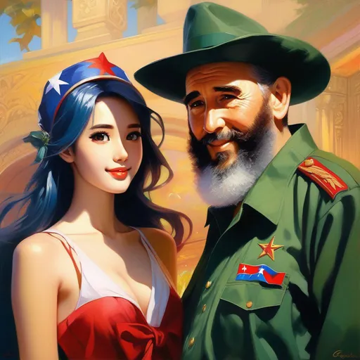 Prompt: Fidel Castro meets anime girls, anime style, extremely detailed painting by Greg Rutkowski and by Henry Justice Ford and by Steve Henderson 