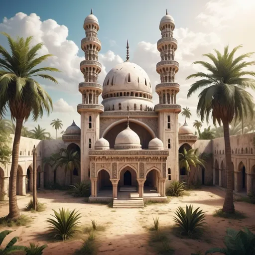 Prompt: Fantasy illustration of an old west african mosque, entire structure, white limestone and wooden sticks materials, intricate carvings and ornate details, garden with a well and palms, birdview, immersive world-building, high quality, detailed, epic scale, fantasy, game style, vibrant colors, atmospheric lighting, ancient african city background