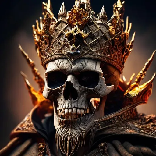 Prompt: Ancient skull of the wizard king wearing a jeweled and rusted crown side view hyper detailed extremely detailed dark cinematic UHD