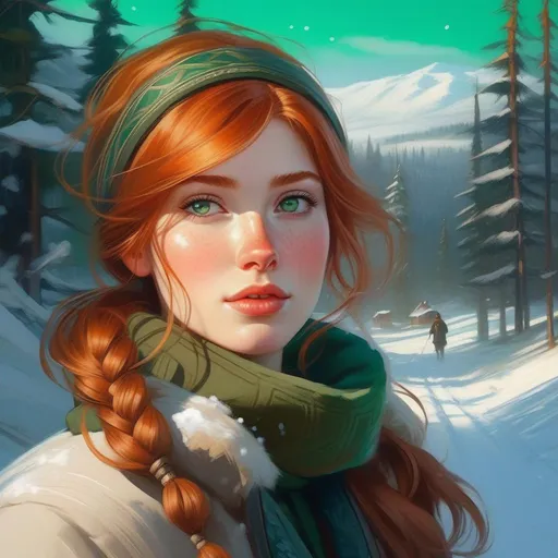 Prompt: Third person, gameplay, Udmurt girl, pale skin, ginger hair, freckles, green eyes, Siberia, snow, cold atmosphere, cartoony style, extremely detailed painting by Greg Rutkowski and by Henry Justice Ford and by Steve Henderson 