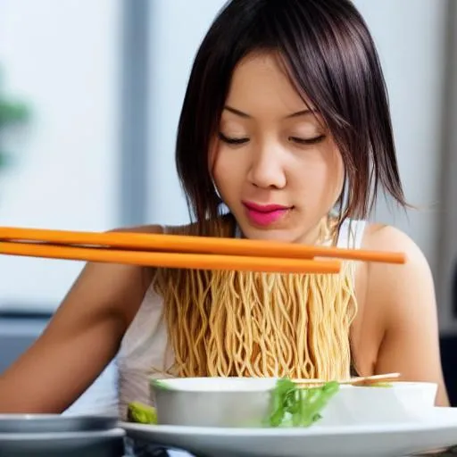 Prompt: Asian girl eating noodles 