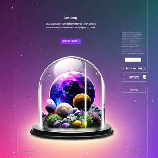 Prompt: a modern minimalits one page landing page, selling the entire universe contained inside a glass jar, super realistic, photo-realistic, extremely detailed and intricate, center focus, dramatic lighting,hero section, purple based, header section, footer section, a galaxy based here image background, real lorem ipsum words, realistic, award winning, impressive color matching, 1 column 3 product with price details, 