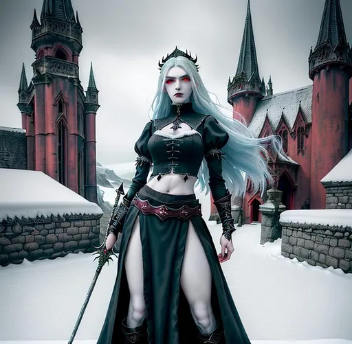 Prompt: Gorgeous perfectly detailed facial features, long legs, sumptuous hyper detailed perfect body, ultra pale, visible midriff, random pose, gothic fantasy, gloomy random ancient dystopian top of the world landscape, heavy snow, female gothic mage with a Sceptre, 

wearing a weathered old period appropriate outfit, flowing random colored hair, random length hair, porcelain face, large reflective red eyes, fierce agonizing look, 

Splashart, wandering magical lights, surreal, symmetrical intricate details, hyper detailed perfect studio lighting, perfect shading, 

Professional Photo Realistic Image, RAW, artstation, splash style dark fractal paint, contour, hyper detailed, intricately detailed, unreal engine, fantastical, intricate detail, steam screen, complimentary colors, fantasy concept art, 64k resolution, deviantart masterpiece, splash arts, ultra details, Ultra realistic, hi res, UHD, complete 3D rendering.