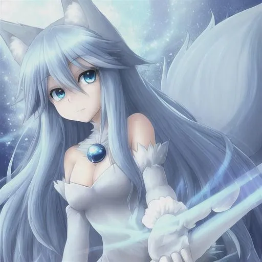 Prompt: fluffy 
light blue 
fox 
bright blue eyes
animal
anime style