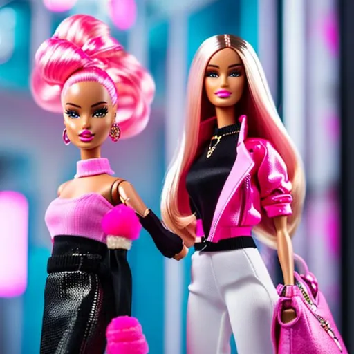 Prompt: High detailed Barbie with long hair wearing high detailed pink Balenciaga outfit 