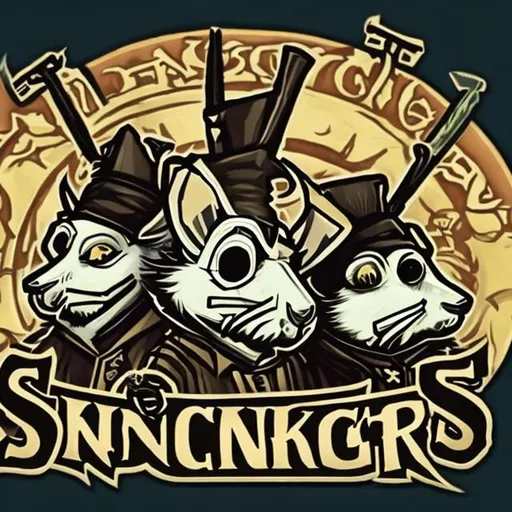 Prompt: Logo for a Gang called " Snitchy Kings" With three members the leader having a rat mask. The other 2 has glasses. However all of them are still humans and have guns

